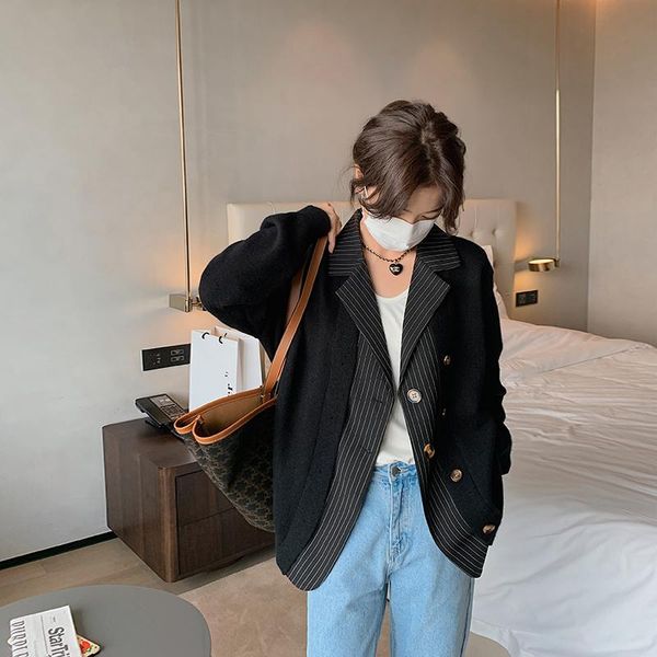 

women's jackets korean cardigan sweater 2021 spring fake two, Black;brown