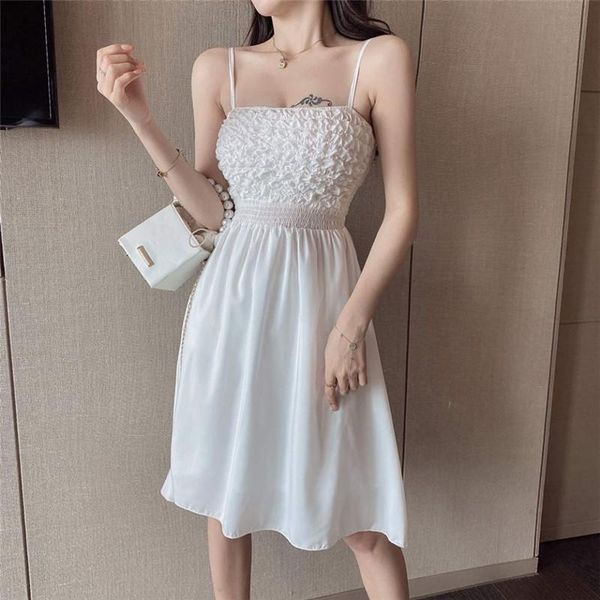 

casual dresses summer korean slim waist dress women 2021 fashion sleeveless white evening party chiffon a-line, Black;gray