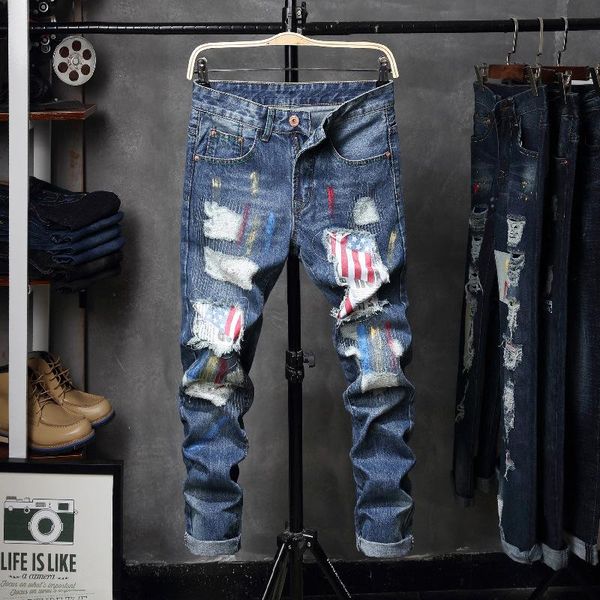 

men's jeans high street trend hole paint embroidery cow trousers tide brand hip-hop, Blue