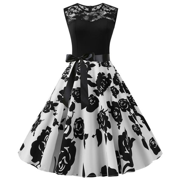 

vintage hepburn style women plus size up lace print ladies elegant spring summer sleeveless swing party dress, Black;gray