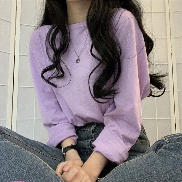 

women's t-shirt t-shirts harajuku woman tshirts t shirt 2021 solid color long-sleeved loose, White