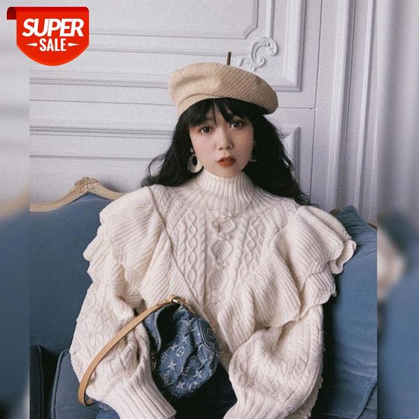 

neck thick sweater women french retro palace trumpet sleeve fairy ruffled pullover tide a generation #5v4w, White