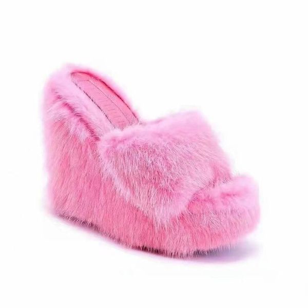 

slippers 2021 autumn/winter fur wedge heel women high-heeled furry drag fashion outdoor all-match shoes 43, Black