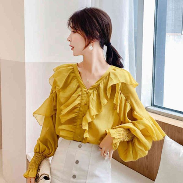 

women's blouses & shirts 2019 autumn korea fashion women long sleeve chiffon blouse female lantern sleeve v-neck ruffles shirt bl, White