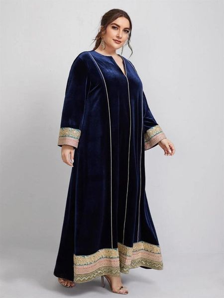 

embroidery patchwork velvet maxi dress for women winter 2021 plus size long sleeve muslim arabic turkey clothes 5xl 4xl casual dresses, Black;gray