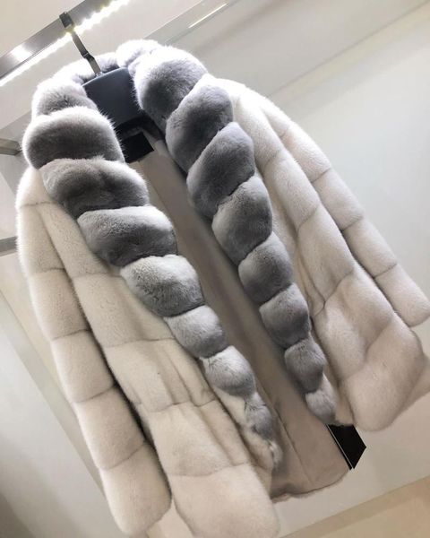 

women's fur & faux arlenesain 2021 female mink coat with chinchilla collar, Black