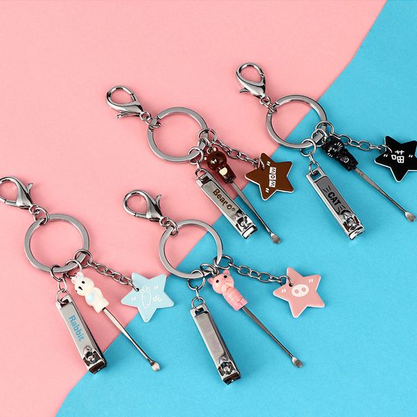 

2021 fashion keychain creative multi-function chain with nail clippers cute animal ear scoop men's and women's car bag key pendant, Silver