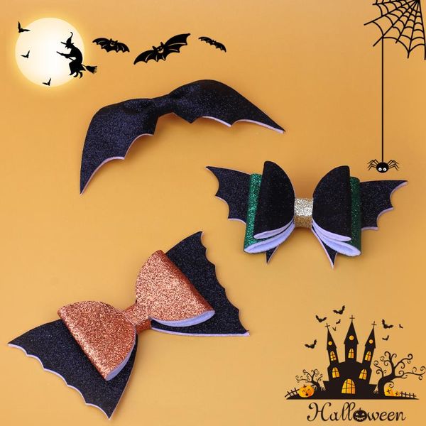 

hair accessories 1pc halloween glitter grosgrain bows for baby girls bat clips party decoration, Slivery;white