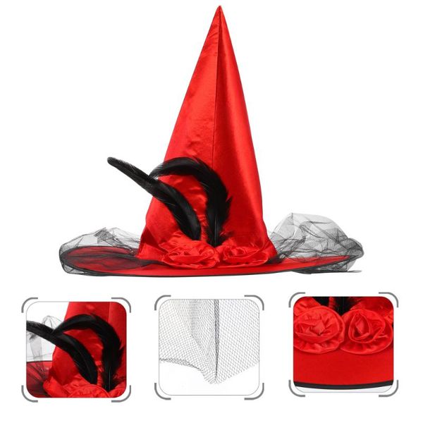 

party hats cosplay decorative witch hat prom feather rose flower (red)