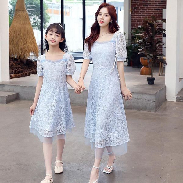 

family matching outfits wlg mommy and daughter clothes summer beige sky blue mesh floral pattern dresses