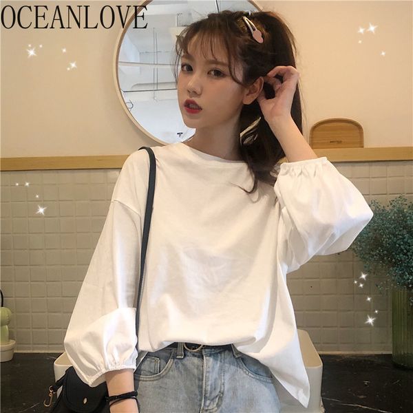

lantern sleeve solid t shirt women fashion spring student basic all match t-shirt korean ropa mujer 15306 210415, White