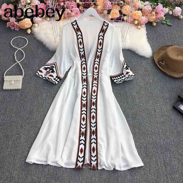 

summer women vintage long sleeve shirt heavy work embroidery decoration loose casual long cardigan shirt 210715, White