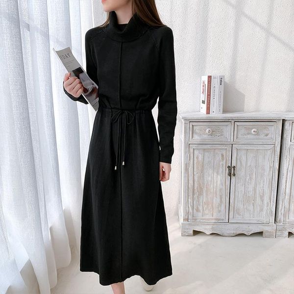 

casual dresses alien kitty 2021 autumn women knitted dress turn down collar mid-length high-waist straight korean solid color elegant, Black;gray