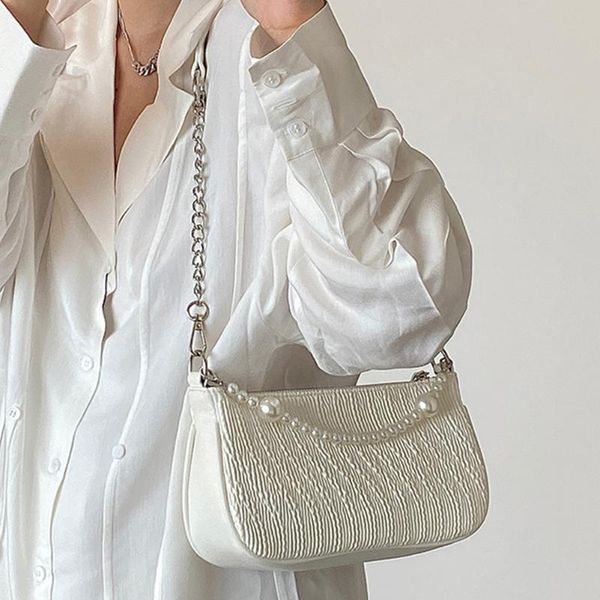 

evening bags fashion women pu leather solid color pleated underarm shoulder bag casual ladies pearl chain small handbags purse baguette