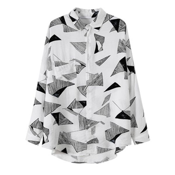 

women black white geometric print turn down collar long sleeve shirt loose b0200 210514