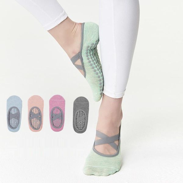 

sports socks 3 pairs backless yoga cross tie pure cotton silicone dot general size women pilates ballet dance non slip, Black