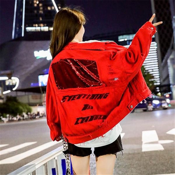 

women's jackets spring autumn vintage denim jacket women korean fashion single-breasted sequins jeans harajuku loose outwear tide h121, Black;brown