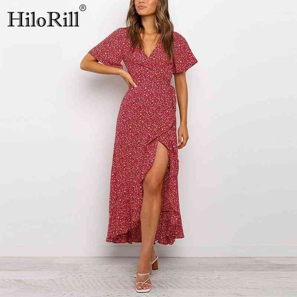 

summer boho printed maxi dress women v neck long split wrap beach ruffled short sleeve holiday es 210508, Black;gray