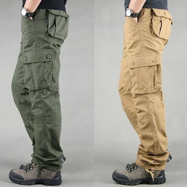 

men's pants men casual solid color zipper multi pockets sweatpants cargo long trousers, Black