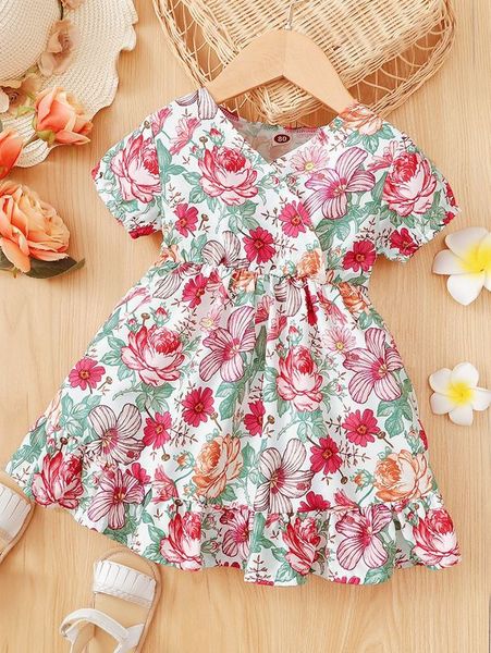 

baby allover floral print puff sleeve ruffle hem dress she, Red;yellow
