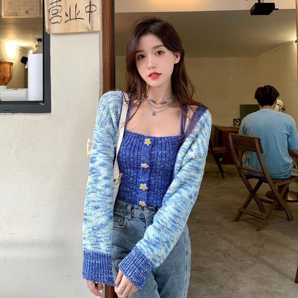 

women's sweaters fashion flower knitted sling short cardigan sweater two-piece suit long-sleeved color matching slimming top, White;black