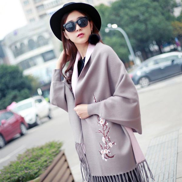 

scarves imitation cashmere women embroidery floral tassel poncho scarf winter warm shawl wrap comfortable female knitted thick blanket, Blue;gray