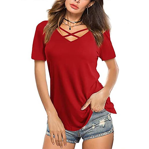 

women's t-shirt yougeman woman t-shirts 2021 european and american female chest cross v-neck short-sleeved loose clothing, White