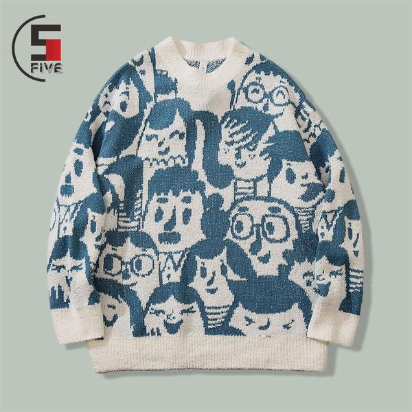

men's sweaters harajuku cartoon character print knitted men hip hop streetwear casual long sleeve sweater winter couple loose pullover, White;black