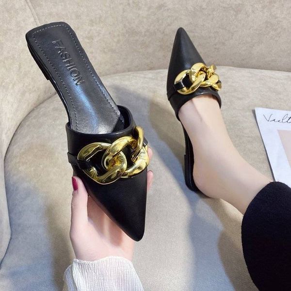 

sandals novo design corrente metal plana mules moda feminina ao ar livre vestido pista meta envoltÃ³rio do do pÃ© chinelos couro thbz, Black