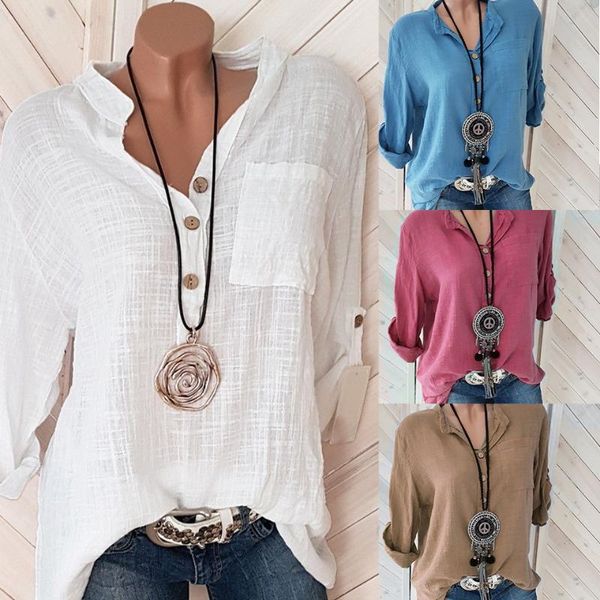 

women's t-shirt linen flax cotton clothes baggy shirt button front stand collar 5xl tshirt big size plain solid color basic t women sim, White