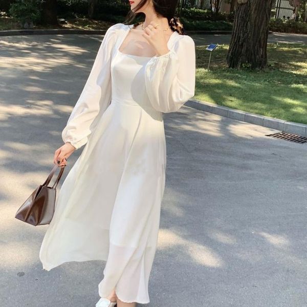 

casual dresses french vintage white midi dress women long sleeve 2021 autumn clothes korea evening party pure color office lady, Black;gray