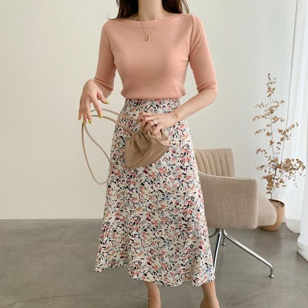 

ice silk medium sleeve knitted shirt women's 2021 spring and summer thin fashion short t-shirt casual slim top, White