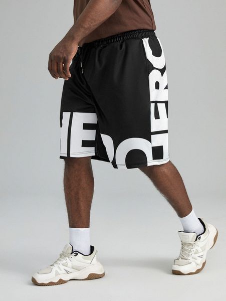 

extended sizes men letter graphic drawstring waist shorts m41b#, Black