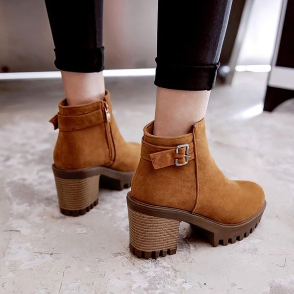 

boots big size 11 12 women shoes ankle for ladies side zipper square buckle, Black