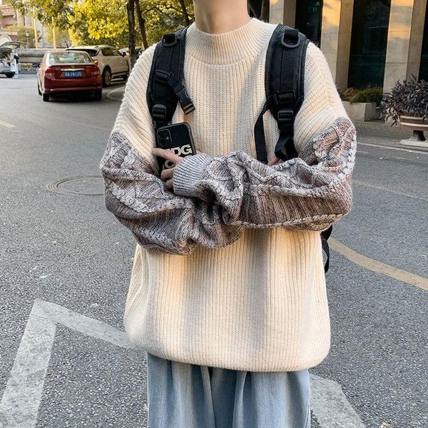 

men's sweaters 2021 winter round neck splicing color pullover loose wool sweater couple clothes 3 coats keep warm knitting, White;black