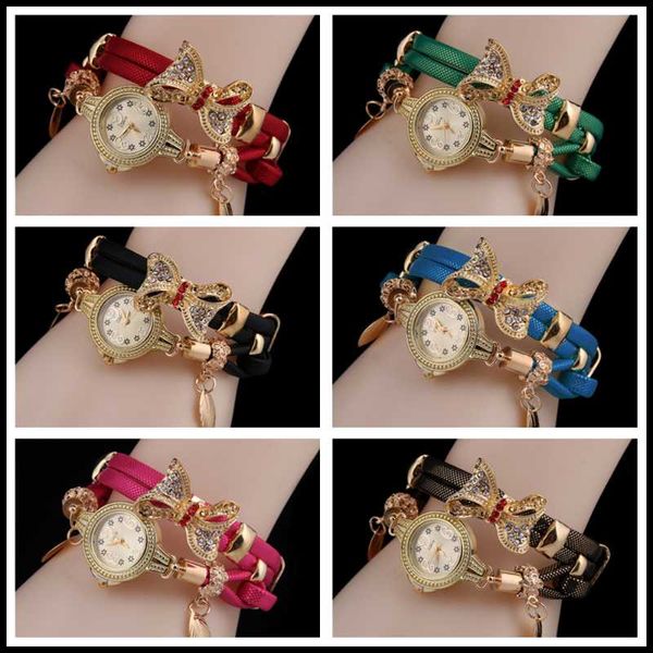 

wristwatches exquisite fashion wild rhinestones wrist-watch ladies bracelet watch bow leather belt women, Slivery;brown