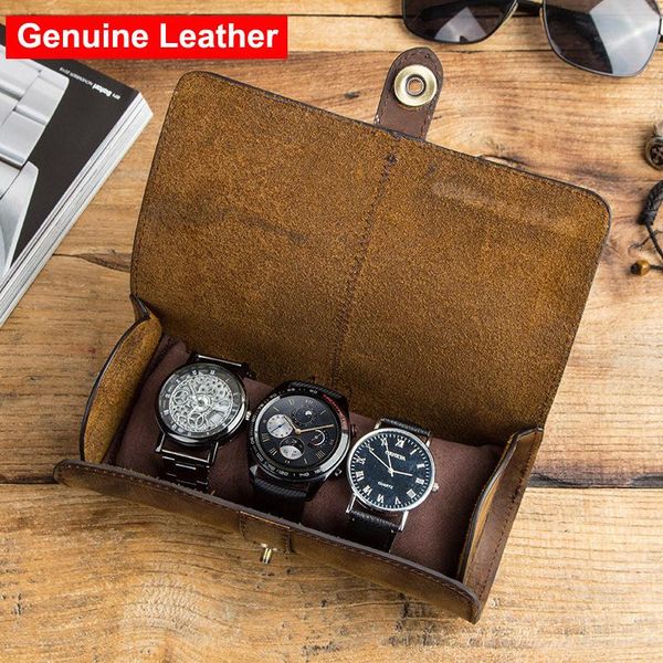 

watch boxes & cases genuine leather roll travel case portable vintage display storage box for 3 slots watches pouch bag cover, Black;blue