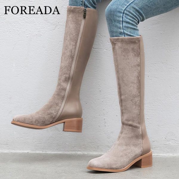 

boots foreada real leather knee high women heel zip block shoes round toe long female autumn black size 40