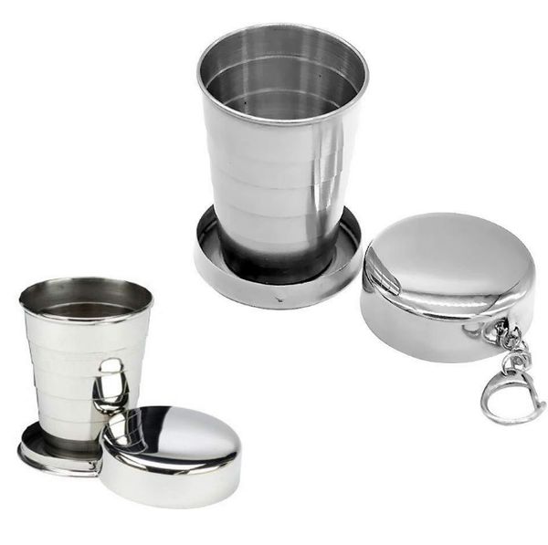 Zusammenklappbare Becher aus Stahl mit Tasche, einziehbare Reisebecher mit Schlüsselanhänger zum Aufhängen, Halter für Outdoor-Sport-Wasserflaschen, Trinkgeschirr, 75 ml, 140 ml