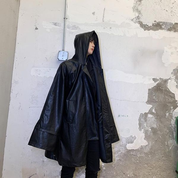 

men's trench coats male hip hop gothic windbreaker cloak coat outerwear men streetwear fashion loose casual leather jacket hooded, Tan;black