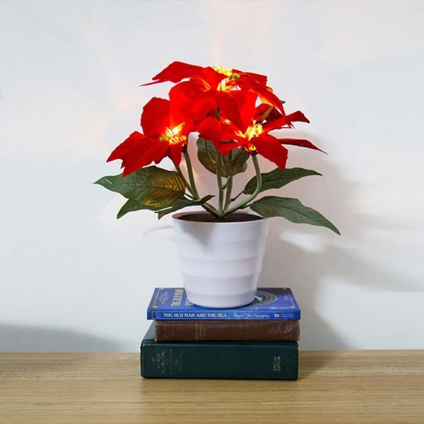 

decorative flowers & wreaths christmas artificial fake silk flower solar light led bonsai red potted waterproof adornment poinsettia decorat