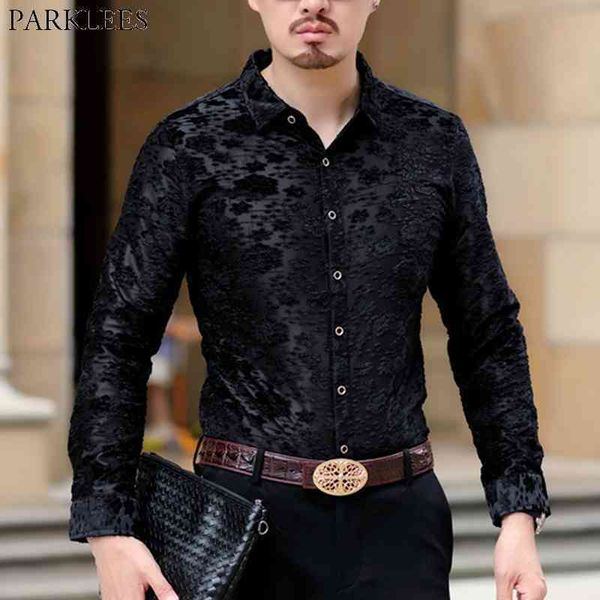 

fancy floral embroidery lace shirt men see through transparent mens dress shirts club party event chemise homme 210522, White;black