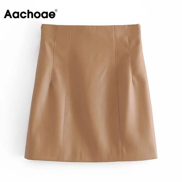 

aachoae solid pu leather skirt summer zipper fly elegant a line skirt lady office wear mini skirt women mujer faldas 210413, Black