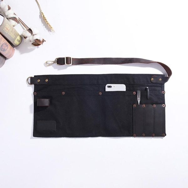 

aprons multi-pocket apron for women real leather canvas half pocket waitress teacher supplier cosmetic home doco(black)
