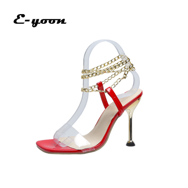

dress shoes 2021 summer big size high-heeled clear sandals stiletto metal square head golden chain crystal casual women, Black