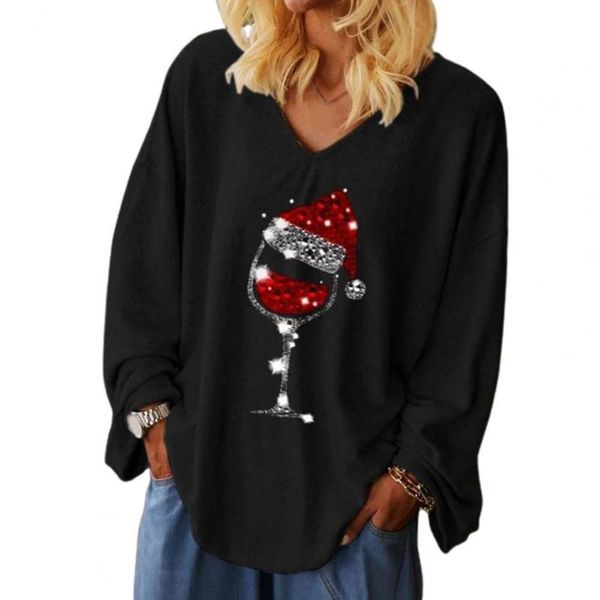 

women's t-shirt women t-shirts autumn christmas hat wineglass print blouse long sleeve pullover clothing 2021, White
