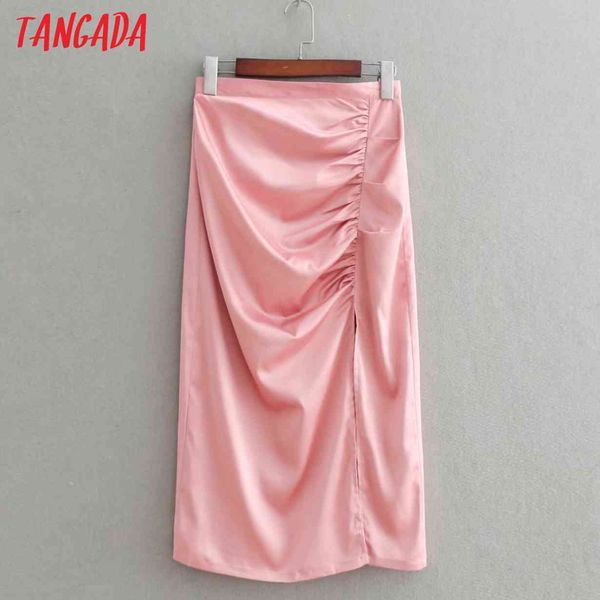 Gonna longuette in raso plissettato rosa da donna Faldas Mujer Vintage Zipper Office Ladies Elegant Chic Gonne a metà polpaccio 3D31 210416