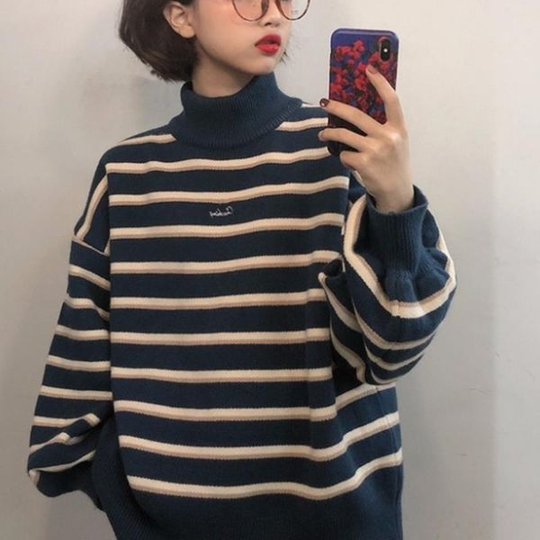 

women's sweaters 2021 fashion striped knit sweater women pullover female jumper fall winter long sleeve mock neck loose, White;black