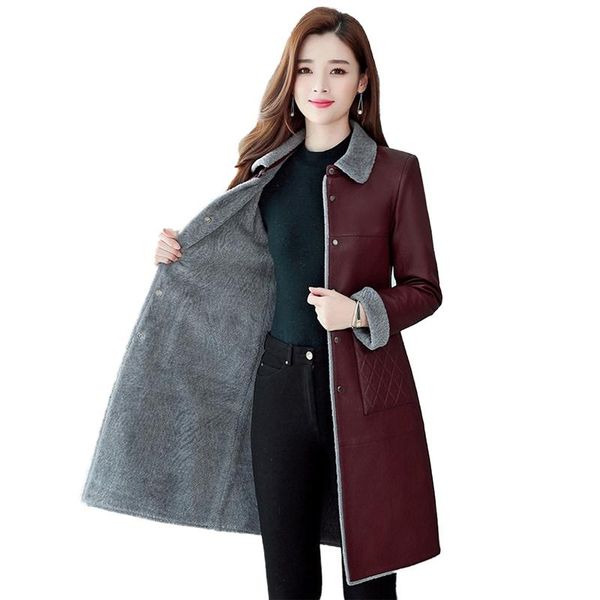 

women's leather & faux autumn winter jacket women plus velvet thick warm sheepskin coat female size 6xl long outerwear, Black