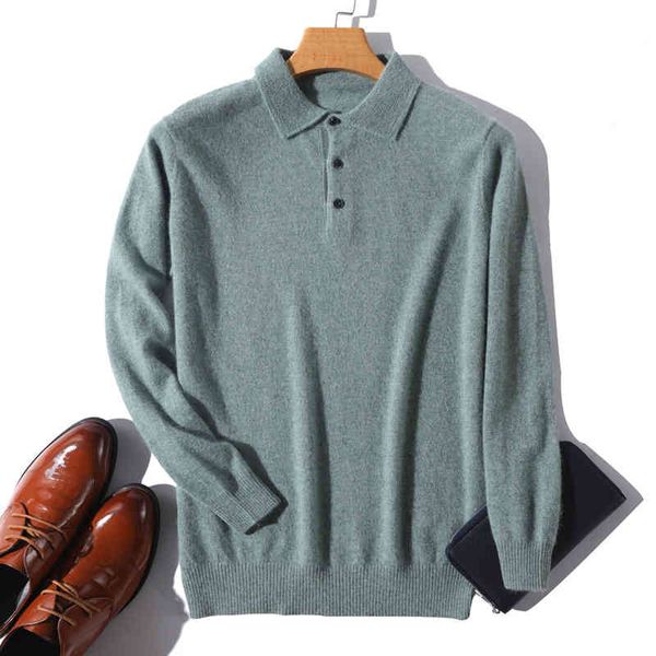 

2021 cashmere sweater men's lapel spring autumn new pullovers wild male polo large size 100%wool knitted base shirts, Black